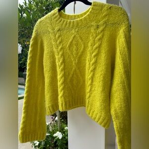 💚 MOTHER Wide Sleeve Jumper Crop yellow alpaca cable sweater. Size Medium 💚